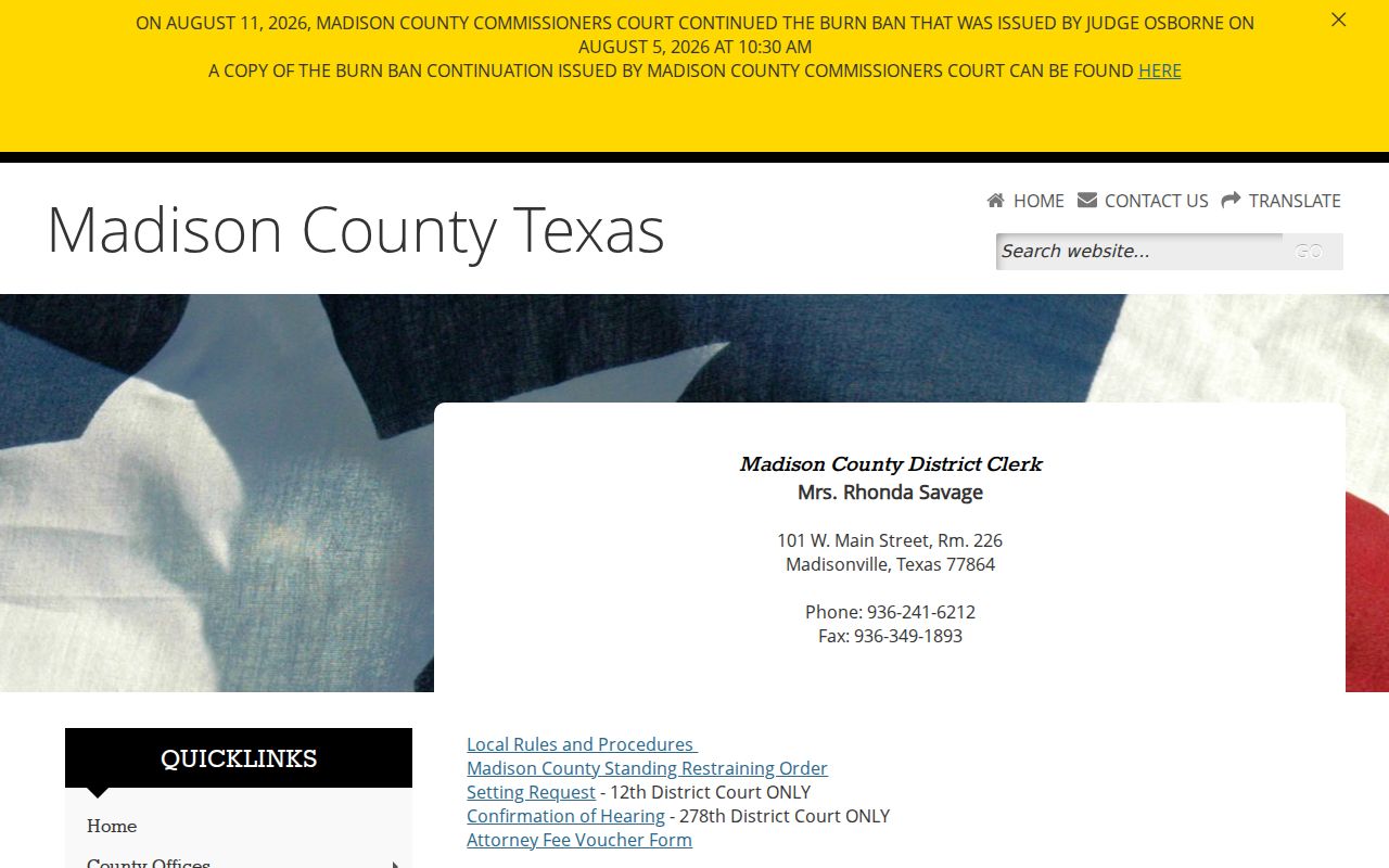 Madison County warrant search reference, District Clerk office information