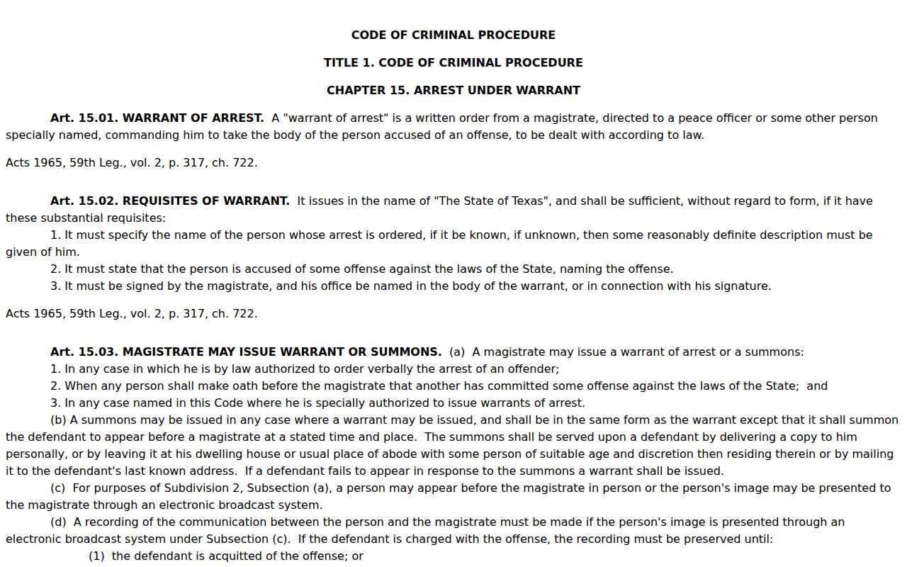 Madison County arrest warrant reference, Texas Code of Criminal Procedure Chapter 15