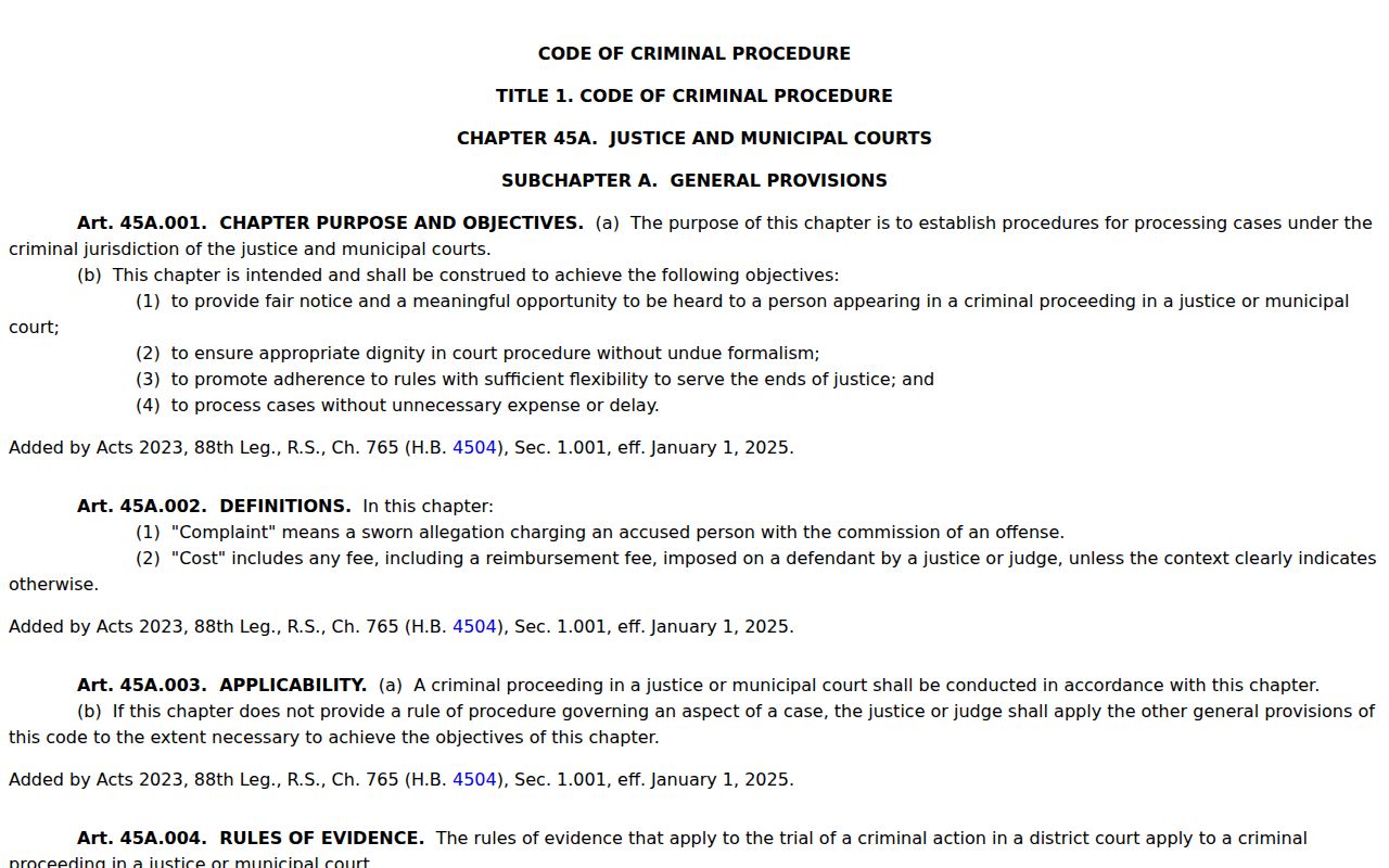 Madison County traffic warrant reference, Texas Chapter 45A FTA and capias pro fine rules